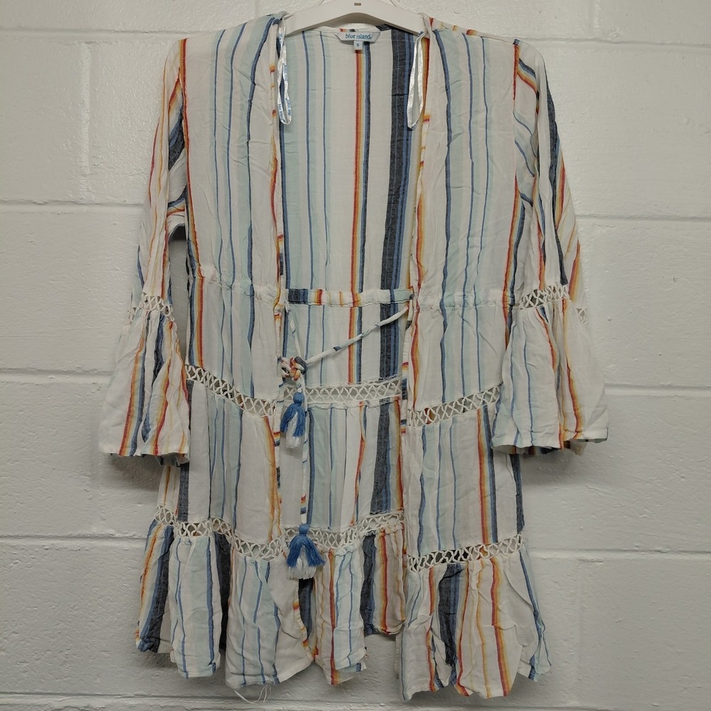 Blue Island SMALL Boho Swim Cover Up Colorful Tiered Ruffle Tie Bell Sleeve FLAW
